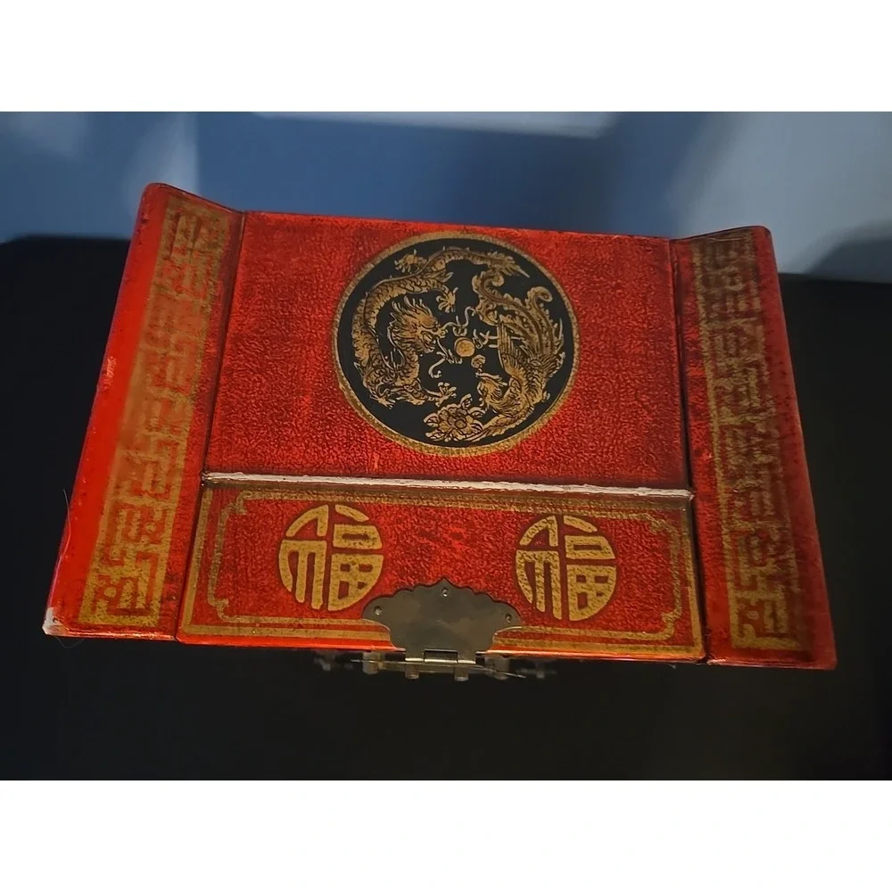 Old Chinese Red lacquerware Wood Dragon Phoenix Flower Drawer Makeup Box